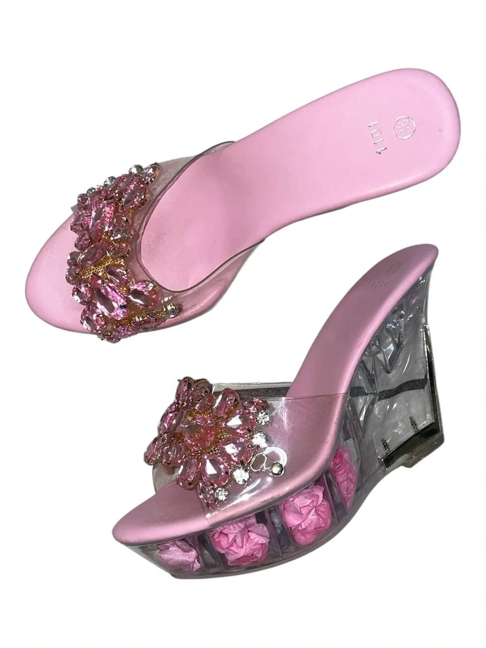 Y2K Style Pink Rhinestone Floral Clear Lucite Platform Wedges